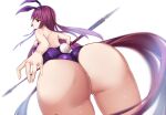  1girl animal_ears ass bunny_ears fate/grand_order fate_(series) from_below gae_bolg_(fate) leotard long_hair piercing_bunny playboy_bunny polearm purple_hair purple_leotard red_eyes scathach_(fate) scathach_(fate)_(all) simple_background solo spear very_long_hair weapon white_background yuge_(yuge_bakuhatsu) 