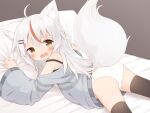  1girl animal_ear_fluff animal_ears ass ayanepuna bare_shoulders bed_sheet blush brown_eyes brown_legwear commentary_request fang fox_ears fox_girl fox_tail grey_background grey_shirt highres kamiko_kana long_hair long_sleeves looking_at_viewer looking_to_the_side lying multicolored_hair off_shoulder on_stomach open_mouth panties pillow red_hair shirt simple_background solo streaked_hair tail tears thighhighs tsunderia underwear very_long_hair virtual_youtuber wavy_mouth white_hair white_panties wide_sleeves 