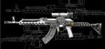  ak-47 assault_rifle asterozoa black_background english_commentary from_side gun highres no_humans original redesign rifle science_fiction scope solo soviet trigger weapon weapon_sheet 