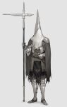  1other armor boots cape dagger dual_wielding facing_viewer full_body gauntlets greaves helmet highres holding holding_weapon km_yama original polearm scabbard sheath sheathed simple_background solo standing veil weapon white_background 