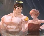  2boys abs asahi_(zabaniyan) bara blush completely_nude couple facial_hair fire halo head_out_of_frame highres large_pectorals looking_at_another looking_away male_cleavage male_focus master_4_(tokyo_houkago_summoners) multiple_boys muscular muscular_male naked_towel nipples nude partially_submerged pectorals rubber_duck shared_bathing shiny shiny_skin stubble sweatdrop tokyo_houkago_summoners toned toned_male towel towel_on_head upper_body wet zabaniya_(tokyo_houkago_summoners) 