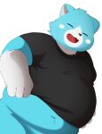  2021 anthro belly black_nose blue_body blue_fur bottomless clothed clothing eyes_closed fur hi_res humanoid_hands kemono male mammal moosh nintendo oracle_of_ages oracle_of_seasons overweight overweight_anthro overweight_male shirt simple_background solo the_legend_of_zelda topwear trail_arnak ursid video_games white_background white_body white_fur 