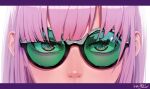  1girl artist_name bangs close-up english_commentary eye_focus eyebrows_behind_hair hair_behind_ear highres hololive hololive_english kikino looking_at_viewer mori_calliope pink_hair red_eyes solo sunglasses virtual_youtuber white_background 