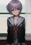  1girl arms_behind_back bangs blue_sailor_collar brown_eyes cardigan closed_mouth commentary_request glasses grey_hair hair_between_eyes highres indoors kita_high_school_uniform long_sleeves looking_at_viewer nagato_yuki neck_ribbon purple_hair ribbon sailor_collar school_uniform serafuku short_hair smile solo suzumiya_haruhi suzumiya_haruhi_no_shoushitsu suzumiya_haruhi_no_yuuutsu yonsahara 