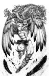 1boy abs artist_name battle_tendency boots braid claws commentary earrings feathered_wings feathers floating_hair full_body glint greyscale hair_feathers half_updo highres horns inkblot jewelry jojo_no_kimyou_na_bouken kars_(jojo) knee_boots large_pectorals large_wings leg_up loincloth long_hair male_focus maya_panda monochrome muscular muscular_male navel pectorals pelvic_curtain scarf shirtless single_braid solo spiked_boots spiked_footwear traditional_media veins very_long_hair watermark wavy_hair winged_arms wings 