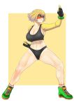  1girl absurdres anagumasan arms_(game) bangs blonde_hair blunt_bangs breasts domino_mask facepaint food full_body green_eyes highres looking_at_viewer mask min_min_(arms) navel noodles pantied short_hair solo super_smash_bros. tank_top underwear 