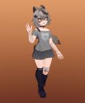  1girl 3d animal_ear_fluff animal_ears animated animated_gif bandaid bandaid_on_knee bangs black_footwear boots brown_eyes detached_sleeves fishnet_sleeves grey_hair grey_shirt grey_skirt indie_virtual_youtuber kneehighs looking_to_the_side official_art open_hands open_mouth raccoon_ears raccoon_girl raccoon_tail shirt single_kneehigh skirt snuffy_(vtuber) solo spinning tail theartgun virtual_youtuber 