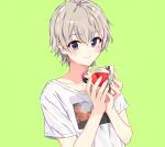  1boy androgynous bangs blush closed_mouth collarbone collarless_shirt commentary_request cup eyebrows_visible_through_hair fingernails green_background grey_eyes grey_hair hair_between_eyes highres holding holding_cup looking_at_viewer male_focus ponkan_8 shirt short_hair short_sleeves simple_background smile solo t-shirt totsuka_saika upper_body white_shirt yahari_ore_no_seishun_lovecome_wa_machigatteiru. 