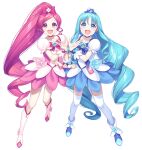  2girls blue_choker blue_dress blue_footwear blush boots brooch choker cure_blossom cure_marine dress earrings eyebrows_visible_through_hair flower_earrings forehead full_body hair_ornament hanasaki_tsubomi heart heart_hair_ornament heartcatch_precure! high_heels high_ponytail highres jenevan jewelry kurumi_erika long_hair looking_at_viewer magical_girl multiple_girls open_mouth pink_choker pink_dress pink_footwear precure puffy_short_sleeves puffy_sleeves ribbon short_sleeves simple_background smile thighhighs very_long_hair wavy_hair white_background white_dress white_footwear white_legwear 