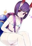  1girl absurdres backpack bag bangs blush bob_cut breasts elbow_gloves eyeliner fate/grand_order fate_(series) gloves gourd highres horns looking_at_viewer makeup oni oni_horns purple_eyes purple_hair short_hair shuten_douji_(fate) skin-covered_horns slugbox small_breasts smile solo thighhighs white_gloves white_legwear 
