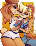  anthro ball basketball_(ball) basketball_uniform big_breasts bottomwear breast_size_difference breast_squish breasts breasts_frottage cleavage clothed clothing duo english_text female hi_res holding_ball holding_object lagomorph leporid lola_bunny looney_tunes mammal rabbit redrabbu shirt shorts sportswear square_crossover squish tank_top text text_on_clothing text_on_shirt text_on_tank_top text_on_topwear topwear uniform warner_brothers wide_hips 