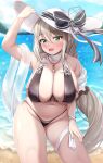 1girl absurdres aquila_(azur_lane) aquila_(sardegnian_shallows_and_sunshine)_(azur_lane) azur_lane bangs bare_shoulders between_breasts bikini black_bikini blush bracelet breasts choker cleavage collarbone cowboy_shot eyebrows_visible_through_hair green_eyes hair_between_eyes hand_on_headwear hand_on_own_leg hat highres jewelry large_breasts lomocya looking_at_viewer navel necklace open_mouth outdoors sideboob silver_hair smile solo standing sun_hat swimsuit thigh_strap water white_headwear white_neckwear 