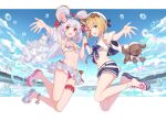  2girls :d animal_ears anklet arm_up bangs bare_legs belt bikini blonde_hair blue_footwear blue_neckwear blue_shorts blue_sky blurry blurry_background blush bow bowtie breasts castle cloud commentary_request dog dog_ears dot_nose fake_animal_ears flower frilled_bikini frills front-tie_bikini front-tie_top full_body garters gold_trim granblue_fantasy hair_bow hair_flower hair_ornament hat heart_belt highres holding_hands jewelry jiman jumping letterboxed mismatched_footwear mountainous_horizon mouse_ears multiple_belts multiple_girls neckerchief ocean open_clothes open_mouth open_shirt outstretched_arm pink_bikini pink_flower pink_footwear red_bow red_eyes reflection sailor_collar sailor_hat sandals shirt shoe_flower short_hair shorts single_garter sky sleeveless small_breasts smile star-shaped_eyewear star_(symbol) striped striped_bikini sunglasses swimsuit tinted_eyewear vajra_(granblue_fantasy) vikala_(granblue_fantasy) water_drop white_belt white_bikini white_hair white_sailor_collar white_shirt 