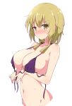  1girl bikini bikini_top blonde_hair bottomless breasts collarbone commentary_request eyebrows_visible_through_hair groin highres ichii_yui large_breasts looking_at_viewer mel_(melty_pot) navel out-of-frame_censoring purple_bikini short_hair short_twintails solo sweat swimsuit twintails yellow_eyes yuyushiki 