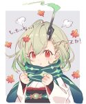  1girl angry bangs blush chibi clenched_hands closed_mouth flower green_hair hair_ornament hairclip japanese_clothes kimono kina_(446964) little_match_girl_(sinoalice) looking_at_viewer pouty_lips red_eyes scarf sinoalice sketch smoke solo 