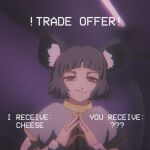  1990s_(style) 1girl animal_ears bangs black_hair capelet dark_room english_text fluorescent_lamp grey_hair hands_together layered_clothing long_sleeves looking_at_viewer mouse mouse_ears mouse_girl mouse_tail nazrin red_eyes retro_artstyle scanlines shirt short_hair smile smug solo step_arts tail touhou trade_offer_(meme) white_shirt white_text 