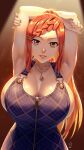  armpits arms_up braid breasts cecilia_campbell cleavage dress ge_xi hair_ornament hairclip high_ponytail highres huge_breasts jewelry large_breasts levasol_defense_corps looking_at_viewer necklace orange_eyes orange_hair original patterned_clothing sidelocks smile witches_in_7th_base 