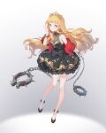  1girl bangs blonde_hair blood blunt_bangs blush bow caolao_bingren chain closed_mouth cuffs dress earrings full_body fur_trim gradient gradient_background handcuffs highres jewelry little_red_riding_hood_(sinoalice) long_hair looking_at_viewer necklace pointing pointing_up sidelocks simple_background sinoalice solo standing tiara wavy_hair weapon yellow_eyes 