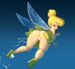  2021 all_fours anus blonde_hair bodily_fluids butt clothing disney dress ejaculation fairy female gela-g-i-s-gela genital_fluids genitals green_clothing green_dress hair hi_res humanoid insect_wings looking_at_viewer looking_back looking_back_at_viewer not_furry peter_pan pussy pussy_ejaculation pussy_juice rear_view solo tinkerbell upskirt wings 