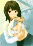  black_skirt blush bra bra_pull breasts brown_eyes brown_hair clothes_lift copyright_request finger_to_mouth glands_of_montgomery highres kobayashi_yuuji lingerie nipples parted_lips pleated_skirt school_uniform shirt shirt_lift skirt small_breasts solo sweater sweater_lift underwear white_bra white_shirt yellow_sweater 