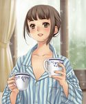  blush brown_eyes brown_hair cup luna2 mole mole_on_body mole_on_neck morning original shirt short_hair smile solo 