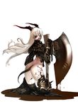  armor ass axe blood boots copyright_request demon_girl gloves highres horns jeffr long_hair red_eyes solo tail warrior weapon white_hair 