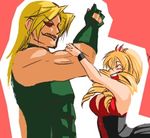  1girl artist_request blonde_hair facial_hair father_and_daughter gloves lowres muscle mustache one-eyed open_mouth red_eyes rose_bernstein rugal_bernstein the_king_of_fighters 