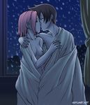  1girl breasts brown_hair couple curtains haruno_sakura hetero hug indoors kiss medium_breasts naruto naruto_(series) night nipples nude original pink_hair shared_blanket short_hair snow speh window 