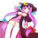  bad_id bad_pixiv_id bandaid bandaid_on_pussy bed breasts hat large_breasts long_hair nipples no_panties patchouli_knowledge purple_hair ribbon solo thighhighs touhou yako 