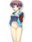  bare_legs censored expressionless kita_high_school_uniform legs munashi_mujou nagato_yuki no_panties purple_hair school_uniform short_hair skirt skirt_lift solo suzumiya_haruhi_no_yuuutsu 