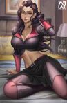  1girl asami_sato avatar_(series) belt black_hair breasts cleavage collarbone commission drawing green_eyes highres large_breasts long_hair looking_at_viewer midriff navel norman_de_mesa shirt signature solo tagme taut_clothes taut_shirt the_legend_of_korra 
