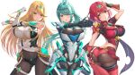  absurdres bangs bare_legs bare_shoulders black_gloves blonde_hair breasts chest_jewel dress earrings elbow_gloves fingerless_gloves gloves green_eyes green_hair high_heels highres jewelry large_breasts long_hair mythra_(massive_melee)_(xenoblade) mythra_(xenoblade) nemunemu_semi pneuma_(xenoblade) ponytail pyra_(xenoblade) red_eyes red_hair red_legwear red_shorts short_dress short_hair short_shorts shorts super_smash_bros. swept_bangs thigh_strap thighhighs tiara very_long_hair white_dress white_footwear white_gloves xenoblade_chronicles_(series) xenoblade_chronicles_2 yellow_eyes 