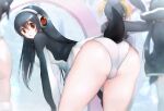  4girls ass bent_over bird_tail black_hair brown_eyes from_behind gentoo_penguin_(kemono_friends) hair_between_eyes hands_on_own_knees headphones highres jacket kemono_friends long_hair long_sleeves looking_at_viewer looking_back microskirt multicolored_hair multiple_girls nelly_(altsarespicy) outstretched_arms panties parted_lips penguin_tail penguins_performance_project_(kemono_friends) red_hair rockhopper_penguin_(kemono_friends) skirt solo_focus tail tail_through_clothes two-tone_hair underwear white_panties white_skirt 