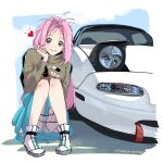  1girl blue_dress blush car cleavage_cutout clothing_cutout dress eunos_roadster finger_heart green_eyes ground_vehicle headlight heart highres long_hair macross macross_7 masa_(siriusu-koko) mazda motor_vehicle mylene_jenius pink_hair sitting smile solo white_footwear 