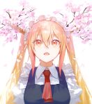 1girl ascot blonde_hair cherry_blossoms dragon_girl dragon_horns eyebrows_visible_through_hair fang flower highres horns kobayashi-san_chi_no_maidragon long_hair looking_up maid maid_headdress mossi open_mouth orange_eyes red_neckwear simple_background solo tohru_(maidragon) twintails upper_body white_background 