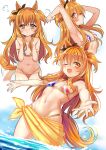  1girl ;d american_flag_bikini animal_ears arms_up bare_arms bare_shoulders bikini breasts flag_print highres horse_ears horse_girl horse_tail long_hair looking_at_viewer mayano_top_gun_(umamusume) multiple_views navel one_eye_closed open_mouth orange_eyes orange_hair outstretched_arms pout sarong small_breasts smile standing stomach swimsuit tail two_side_up umamusume unname wading 