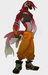  anthro baggy_pants bottomwear breasts clothing crop_top female fin fish footwear marine midriff mohawk non-mammal_breasts pants red_body red_scales salmon salmonid_(fish) scales shirt shoes shoyu_(velow) sockeye_salmon solo tail_fin topwear velow 