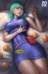  1girl absurdres bangs blue_eyes blue_hair blunt_bangs bracelet breasts bulma dragon_ball dragon_ball_(object) dress earrings highres jewelry large_breasts lips looking_at_viewer lying norman_de_mesa on_back parted_lips short_hair sleeveless solo watermark 