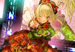  1girl ahoge akamakoto bangs blonde_hair blush braid breasts fate/extra fate/grand_order fate_(series) french_braid green_eyes green_shirt grin hair_between_eyes hair_bun hair_intakes hair_ornament large_breasts long_hair long_sleeves looking_at_viewer lostroom_outfit_(fate) nero_claudius_(fate) nero_claudius_(fate)_(all) one_eye_closed orange_skirt pointing pointing_at_viewer shirt side_ponytail skirt smile 