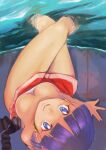  1girl blue_eyes breasts closed_mouth dark_skin dark_skinned_female earrings fushigi_no_umi_no_nadia hair_ornament hairclip jewelry jj_(ssspulse) legs looking_at_viewer nadia purple_hair short_hair smile solo strapless tubetop water 