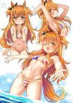  1girl ;d american_flag_bikini animal_ears arms_up bare_arms bare_shoulders bikini breasts flag_print highres horse_ears horse_girl horse_tail long_hair looking_at_viewer mayano_top_gun_(umamusume) multiple_views navel one_eye_closed open_mouth orange_eyes orange_hair outstretched_arms pout small_breasts smile standing stomach swimsuit tail two_side_up umamusume unname wading 