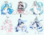  6+girls :o agonasubi ahoge aqua_background aqua_eyes aqua_hair aqua_ribbon aqua_skirt arm_behind_back artist_name badge barefoot beads black_coat black_footwear black_gloves black_neckwear black_shorts blue_dress blue_eyes blue_hair blue_kimono blue_legwear blue_skirt boots borrowed_design bow braid buttons character_name clam_shell coat collar collared_shirt commentary contrapposto crab_print dip-dyed_hair double-breasted dress eighth_note epaulettes food_themed_hair_ornament foreshortening frilled_dress frills full_body fur-trimmed_boots fur-trimmed_coat fur-trimmed_kimono fur_trim geta gloves gradient_hair hair_beads hair_bow hair_ornament hair_ribbon hair_stick hand_in_hair hand_on_hip hand_up hat hat_with_ears hatsune_miku highres jacket jacket_on_shoulders japanese_clothes kimono knee_boots lace-trimmed_sleeves lace_trim layered_clothing layered_dress layered_kimono leg_ribbon leg_up light_blue_eyes light_blue_hair long_hair looking_at_viewer military military_uniform miniskirt multicolored_hair multiple_girls multiple_persona musical_note musical_note_print naval_uniform neckerchief necktie open_mouth outstretched_arm petticoat pink_collar pink_hair pink_kimono pink_neckwear pink_pupils pink_ribbon pink_skirt pleated_skirt pocket pom_pom_(clothes) red_hair red_legwear red_ribbon red_shirt ribbon roe sailor_collar sailor_hat scallop see-through_skirt seigaiha shell_hair_ornament shirt shiso_(plant) short_shorts shorts sideways_glance skirt sleeves_past_wrists smile snow_print snowflake_print staff_(music) standing standing_on_one_leg star_(symbol) star_hair_ornament star_print striped striped_legwear tabi thighhighs twintails uniform very_long_hair vocaloid wasabi white_footwear white_hair white_headwear white_jacket white_kimono white_legwear white_shirt wide_sleeves yuki_miku zettai_ryouiki zouri 