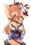  1girl arms_up asymmetrical_clothes blush breasts cleavage collarbone cosplay girls_frontline granblue_fantasy green_eyes grin long_hair m1903_springfield_(girls_frontline) orange_hair smile solo swimsuit very_long_hair vira_lilie vira_lilie_(cosplay) xixih13 