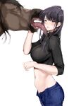  1girl animal bangs bestiality black_eyes black_hair blush breasts crop_top denim eyebrows_visible_through_hair from_side highres horse jeans komi-san_wa_komyushou_desu komi_shouko large_breasts licking long_hair long_sleeves looking_at_viewer mamimi_(mamamimi) midriff navel open_mouth pants reward_available saliva shirt smile teeth tongue tongue_out white_background 