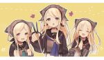  1225ka 3girls ^_^ blonde_hair blush choker chopsticks closed_eyes hands_together happy hat highres holding holding_chopsticks long_hair looking_at_viewer multiple_girls open_mouth purple_eyes saliva siblings sidelocks sinoalice sisters teeth three_little_pigs_(sinoalice) twintails yellow_background 
