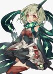  1225ka 1girl bangs blush dress elbow_gloves gloves green_gloves green_hair hair_ornament happy highres little_match_girl_(sinoalice) looking_at_viewer open_mouth red_eyes scarf sinoalice sketch solo thighhighs upper_teeth white_background zettai_ryouiki 