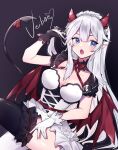  1girl :o black_gloves bow breasts character_name cleavage demon_girl demon_horns demon_wings dress fang gloves highres himey horns looking_to_the_side maid_headdress medium_breasts open_mouth pointy_ears skin_fang solo thighhighs vei_(vtuber) virtual_youtuber vshojo white_bow white_dress white_gloves white_hair wings 