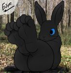  4_toes absurd_res ambiguous_gender anthro barefoot big_butt black_body black_eyes black_fur black_nose blue_sclera butt casual_nudity claws curvaceous curvy_figure digital_media_(artwork) electricsnowfox feet foot_fetish foot_focus fur hi_res hindpaw humanoid_feet lagomorph legs_up leporid long_ears looking_at_feet mammal nude paws photo_background plantigrade presenting presenting_hindquarters rabbit rear_view short_stack sitting soles solo thick_thighs toe_claws toes voluptuous whiskers wide_hips wrinkled_feet 