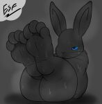  4_toes absurd_res ambiguous_gender anthro barefoot big_butt black_body black_eyes black_fur black_nose blue_sclera bodily_fluids buckteeth butt casual_nudity claws curvaceous curvy_figure digital_media_(artwork) electricsnowfox feet foot_fetish foot_focus fur half-closed_eyes hi_res hindpaw humanoid_feet in_heat lagomorph legs_up leporid long_ears looking_at_feet mammal musk narrowed_eyes nude open_mouth paws plantigrade presenting presenting_hindquarters rabbit rear_view short_stack simple_background sitting soles solo sweat teeth thick_thighs toe_claws toes voluptuous whiskers wide_hips wrinkled_feet 