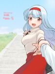  1girl 1other alternate_costume beige_sweater blue_sky bobokuboboku brown_eyes cloud commentary_request dated day dragging hairband kantai_collection long_hair looking_at_viewer outdoors pov short_sleeves shoukaku_(kancolle) silver_hair sky smile stairs twitter_username 